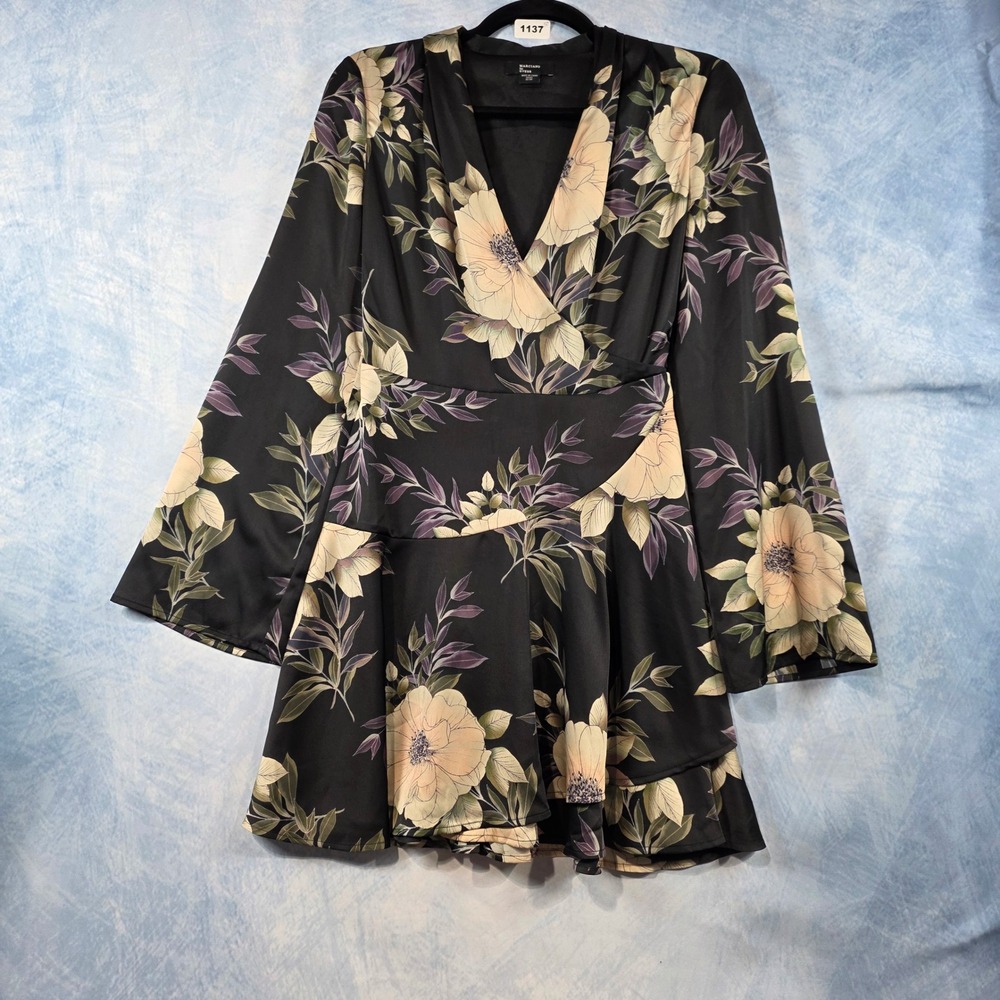 Marciano for Guess Floral Bell Sleeve Mini‎ Dress Black Wrap V-Neck XS EU 38